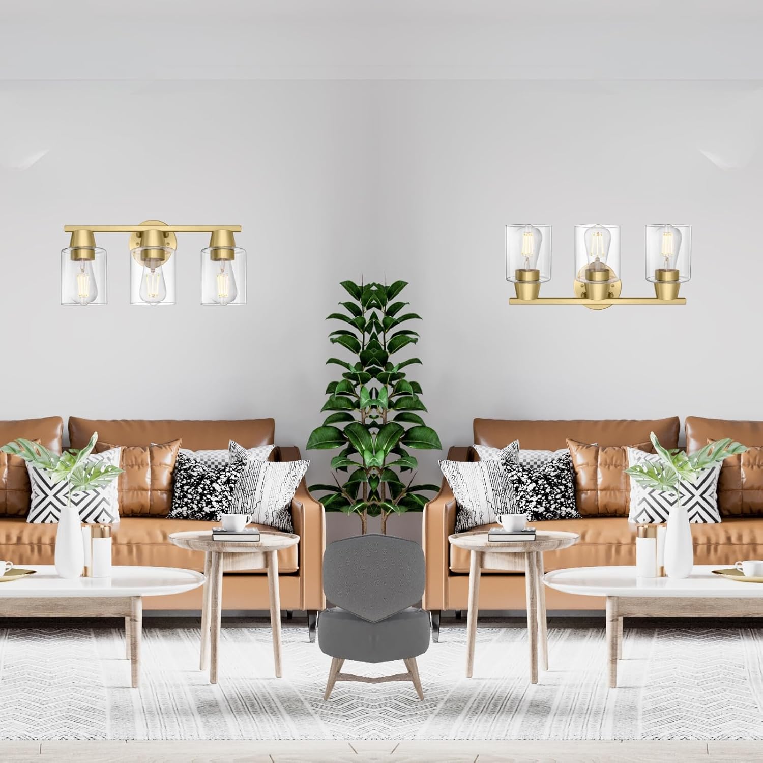 Modern Wall Sconces Lighting with Brass Finished Clear Glass Shade, Matte Gold 3 Vanity Light Over Mirror, Industrial Bathroom Light Fixtures for Living Room Hallway Kitchen Porch E26 Base