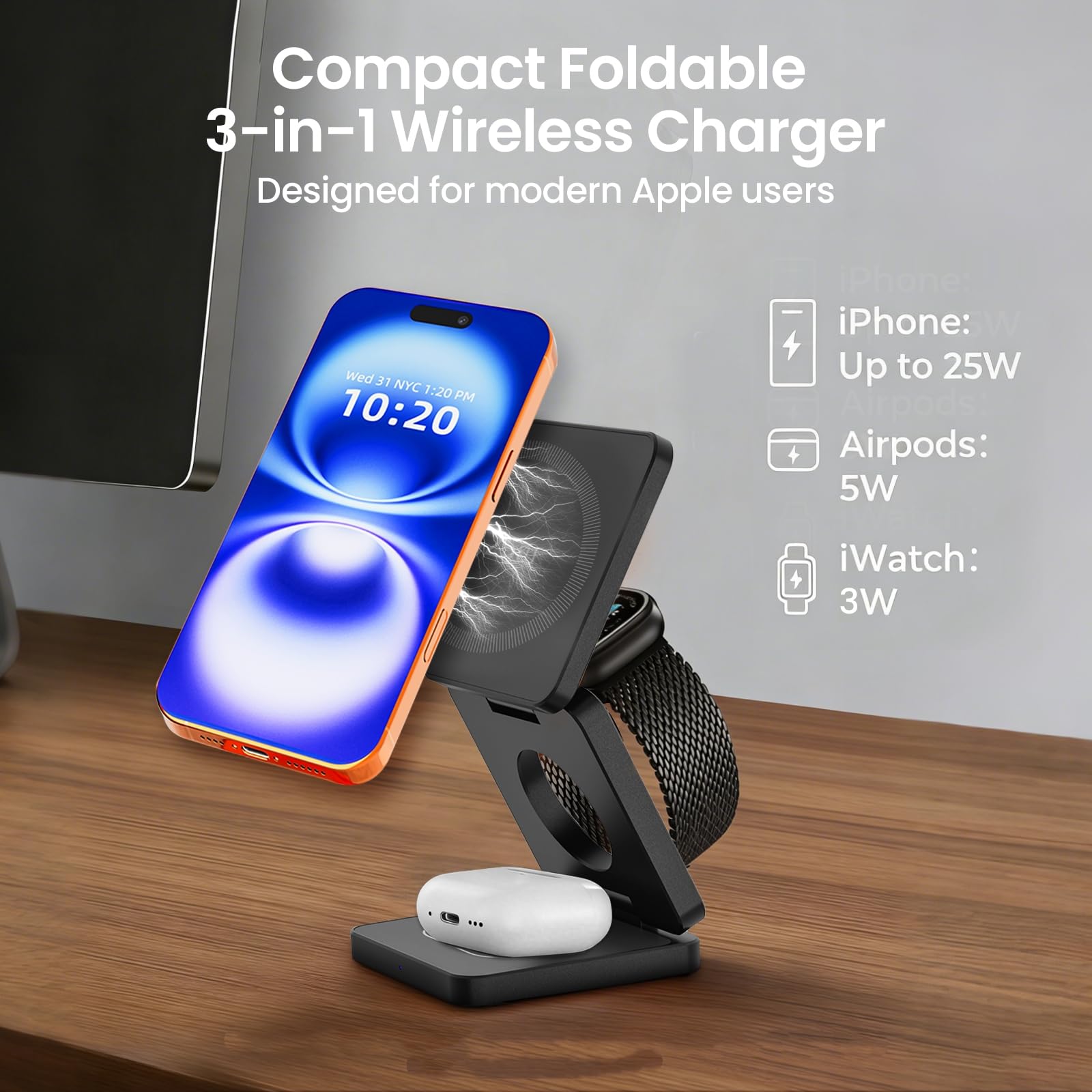 Chargeur sans Fil MagSafe 3 en 1 25W, Station de Charge magnétique pour iPhone 12 à 17, Apple Watch et AirPods, Chargeur Induction avec USB-C, Support Pliable pour Table de Chevet et Bureau