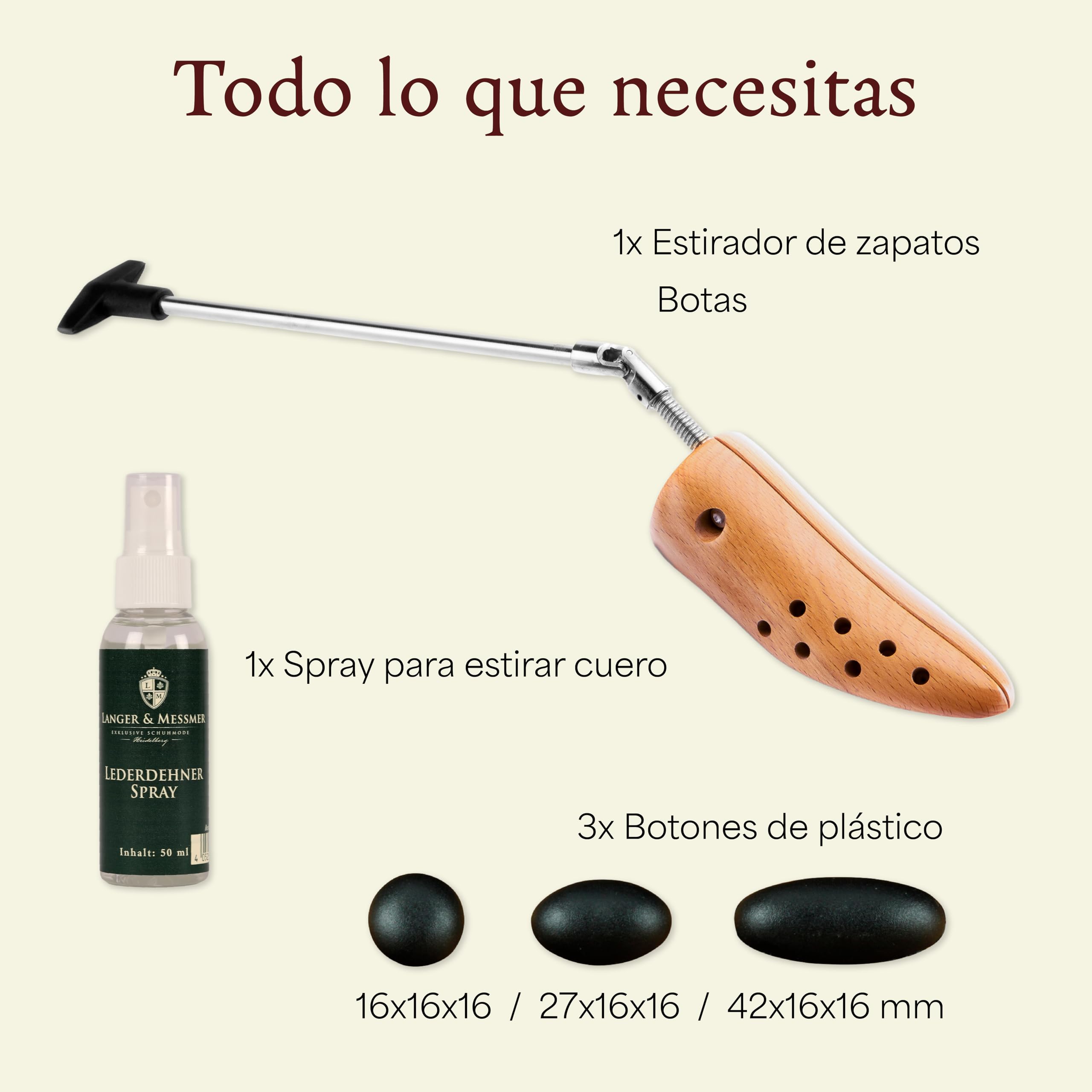 Langer & Messmer alargador de zapatos para mujer contra pellizcos en zapatos o botas - de madera maciza de haya y mecanismo metálico - se estira a lo ancho y a lo largo incl. spray alargador de cuero