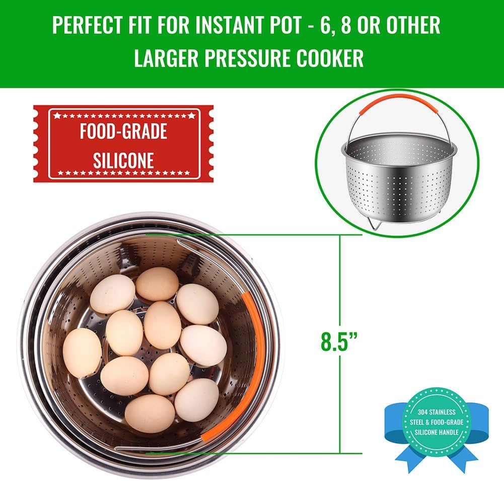 House Again Original Sturdy Steamer Basket for 6 or 8 Quart Pressure Cooker, 304 Stainless Steel Steamer Insert Accessories with Silicone Covered Handle