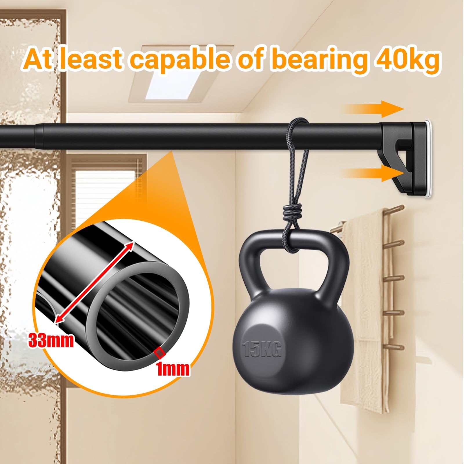 Barra de ducha sin taladrar de 70 a 490 cm con abrazadera antideslizante, ideal para baños y baños, color negro, altura (150-220 cm)