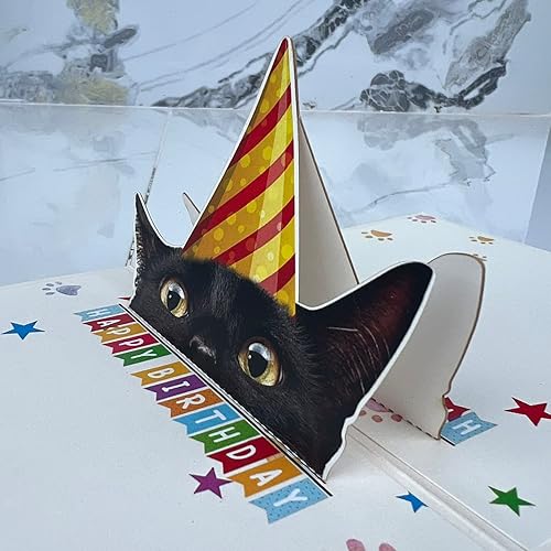Miniatura 4 de DongNaiWin Tarjeta de cumpleaños para amantes de los gatos negros, tarjeta desplegable 3D de gato negro con sobre, felicitación de feliz cumpleaños