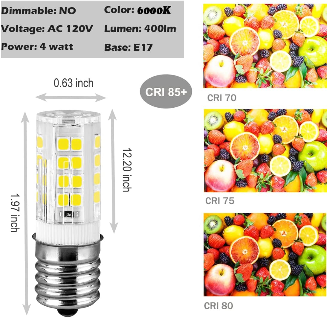 Fridge Freezer Light Bulb Replacement E17 LED Appliance Bulb 4W Equivalent 40W, 6000K Daylight White, E17 Intermediate Base KEI D28M D28A KEL2811 5304517886 Refrigerator, 3 Pack