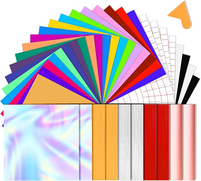 BOENFU Permanent Adhesive Vinyl 37 Sheets, Assorted Color 33 Sheets 12" x 12" + 4 Transfer Tape Sheets for Home Decor, Craft Projects, Sticker, Car Decal, Window Graphics, Logo, Letters, Banners