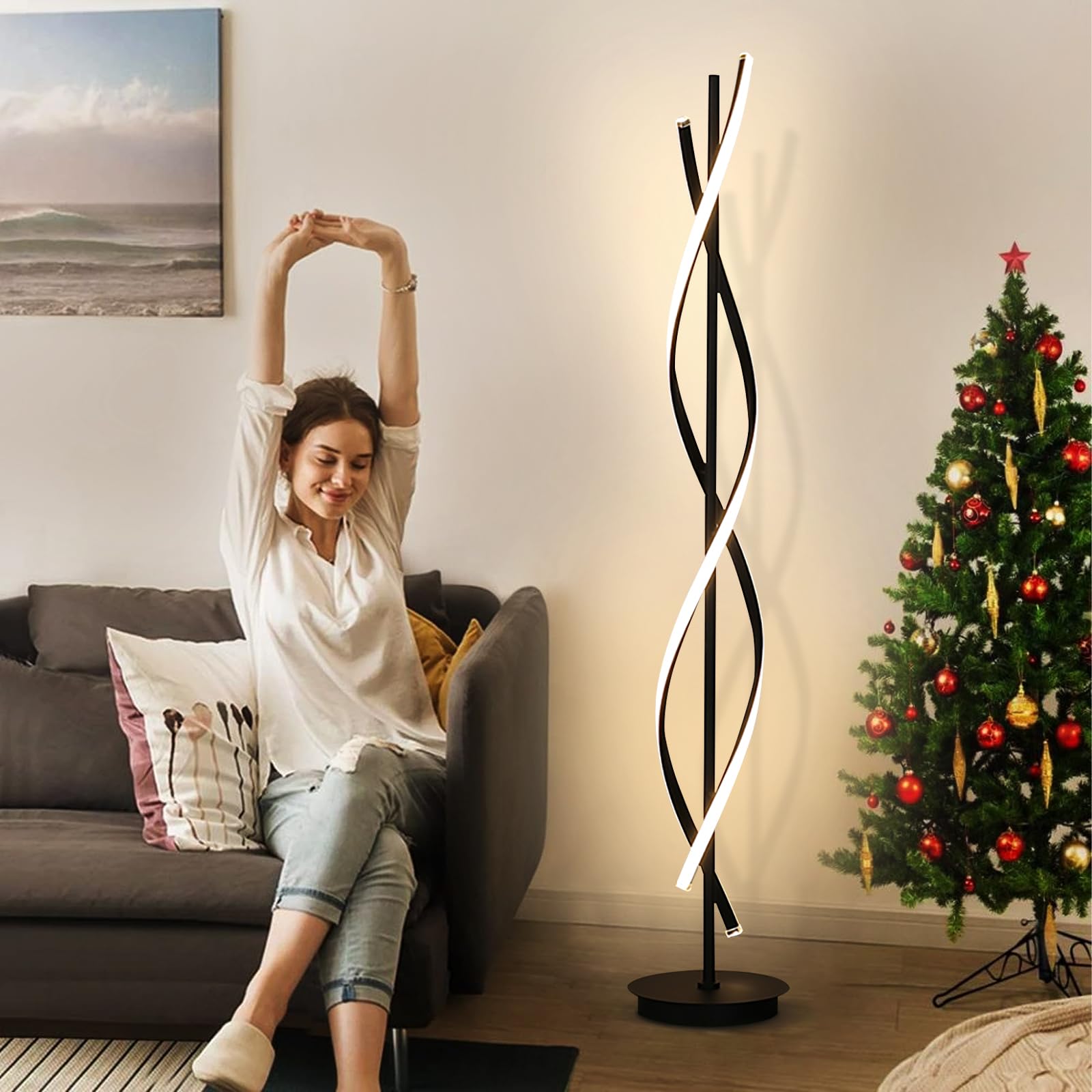 Stehlampe Wohnzimmer Dimmbar, Schwarze Spirale LED Dimmbare Stehlampe für Schlafzimmer, Stehlampe mit Fernbedienung, 155cm 3 Farbtemperaturen 52W Standleuchte (Black)