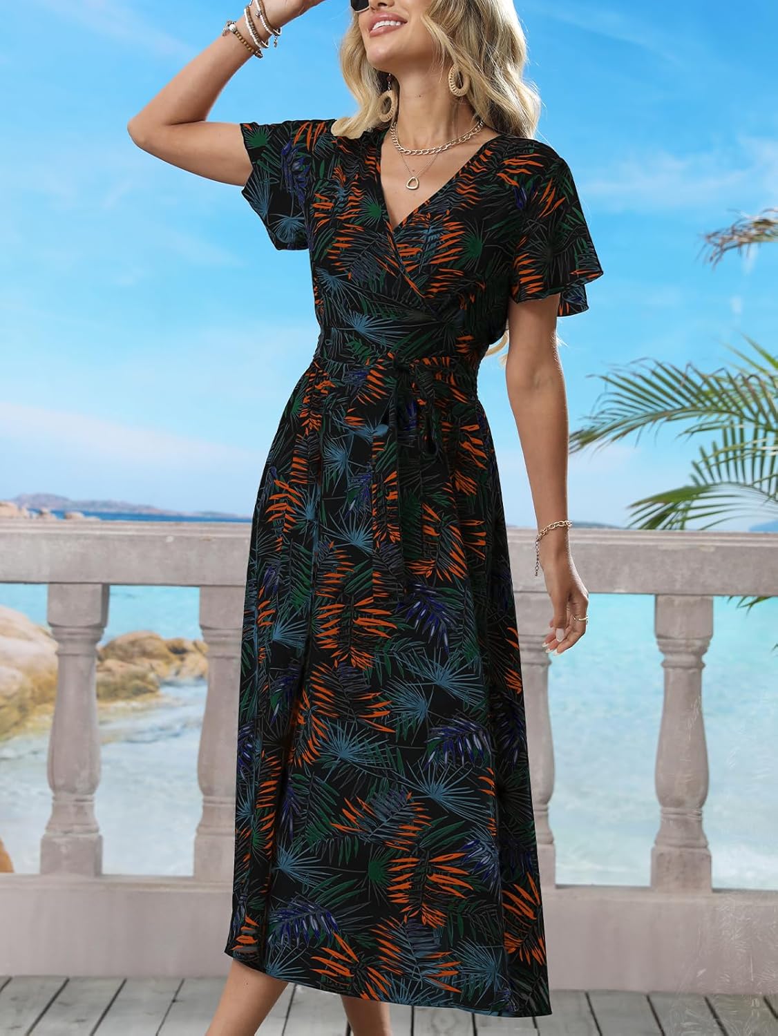 Women's Boho Summer Wrap Midi Dress - Palm Leaf Floral Print V-Neck Ruffle Short Sleeve Casual Beach Vacation Dress - Image 6