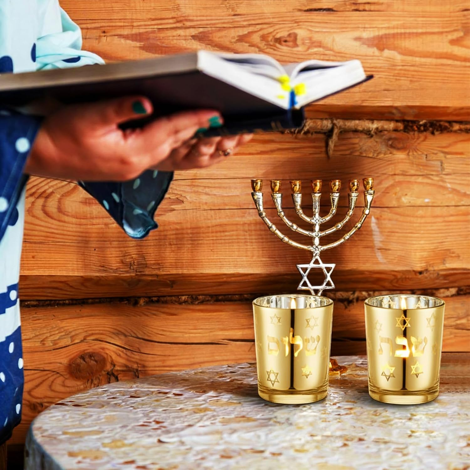 Honeydak Set of 2 Shabbat Candles Holders Gold Jewish Judaica Gift Set Electroplated Glass Modern Shabbat Candlestick Holders for Tea Lights Hanukkah Gifts