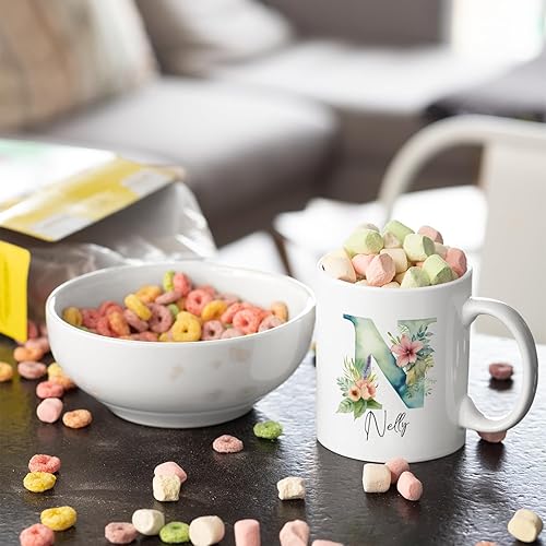 Miniatura 4 de Taza de cerámica blanca con monograma de letra inicial personalizada, alfabeto floral, nombre personalizado y inicial A-Z, taza de café de 11 onzas