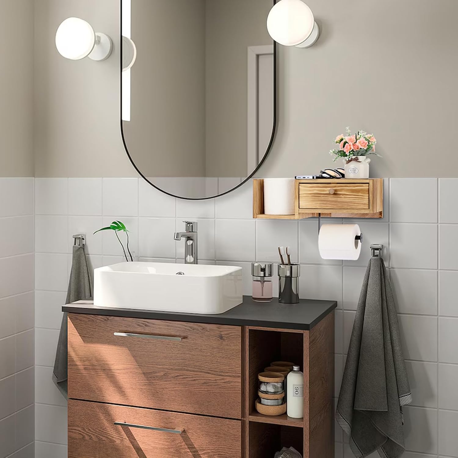 Sumnacon Rustic Toilet Paper Holder - Vintage Wall Mount with Shelf for Bathroom, Kitchen Decor, Light Wood