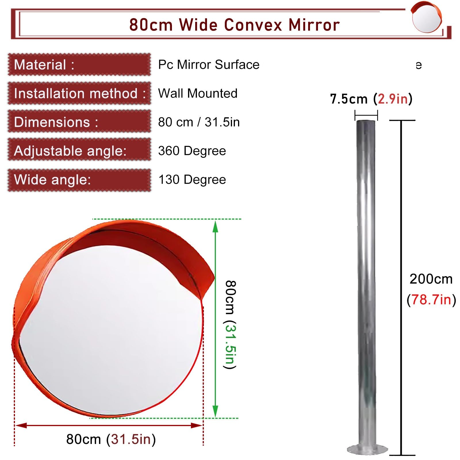 18 24 30 40 In Convex Traffic Mirror for Driveway/Parking Lot/School/Mall, Adjustable Bracket Wide Angle/Panoramic Rear View Mirror, Corner Security Blind Spot Mirror(32in/80cm)