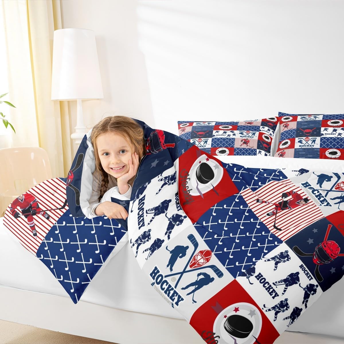 Ice Hockey Comforter Set Full Size,Geometric Plaids Patchwork Bedding Set,Winter Sports Games Comforter for Kids Teens Boys Bedroom Decor,Red Blue Duvet Insert,3pcs,2 Pillowcases