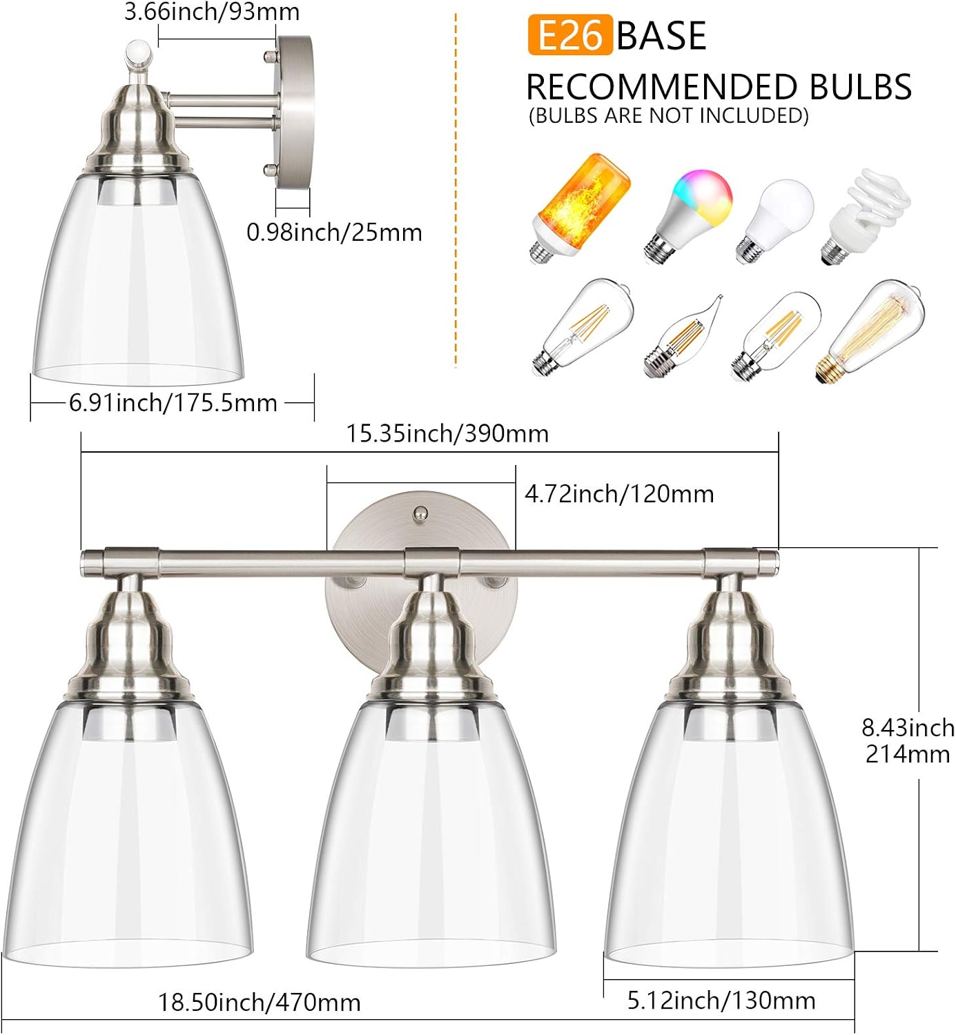 Wall Vanity Light Fixture, 3-Light Brushed Nickel Wall Sconce Lighting with Glass Shade, Modern Vintage Porch Wall Lamp for Mirror Kitchen Living Room Workshop (E26 Base)