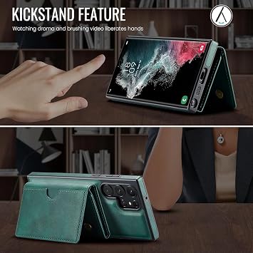Leather Case compatible with Coverzone Samsung Galaxy S23 Ultra Compatible with Magsa Wallet 2 in 1 Removable Card Holder Phone case Leather Cover Green with Wireless Charging Feature, which can be a Meticulous Stand