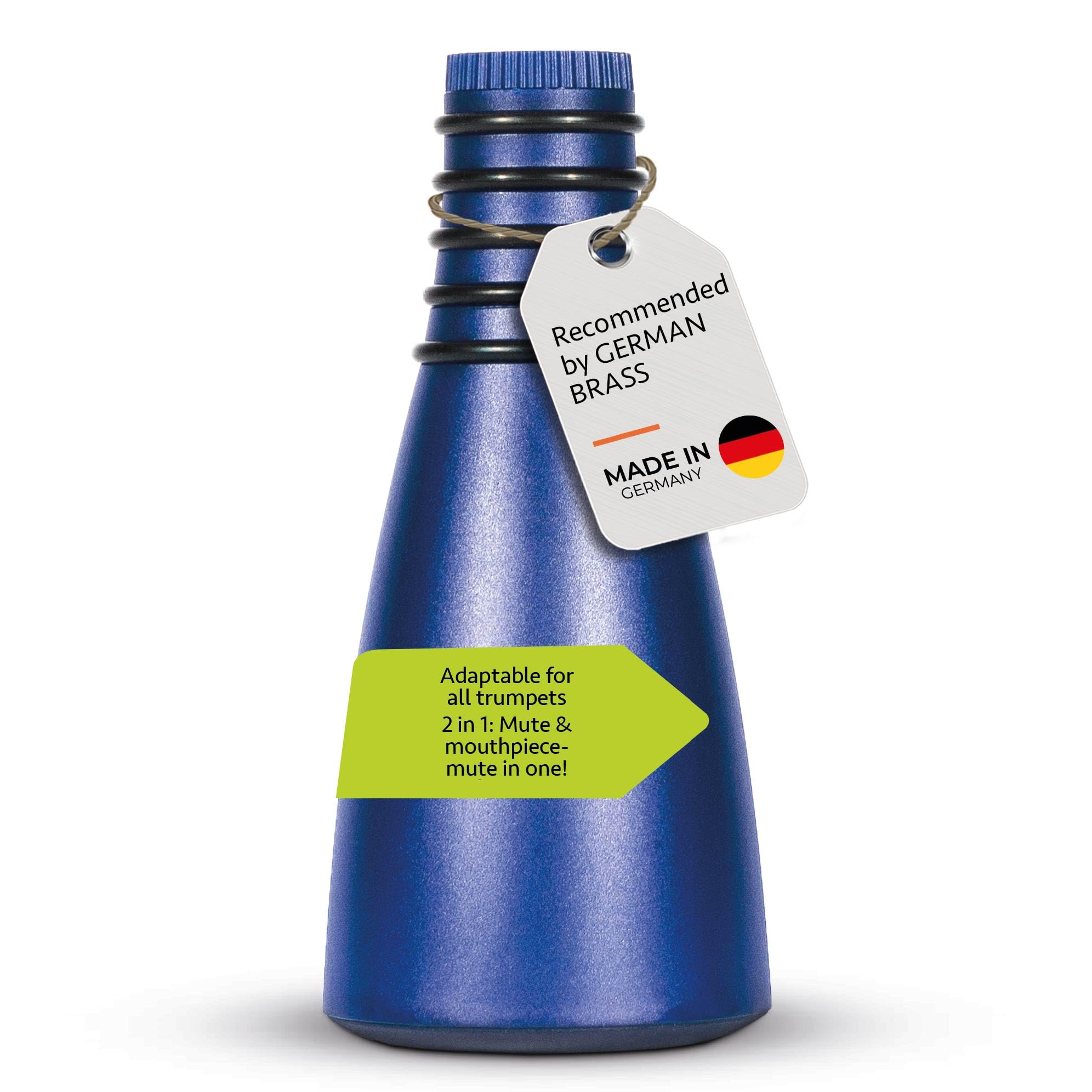 GERMAN BRASS PRODUCTIONS trumpet mute | silencer with dual function as practice and mouthpiece mute for trumpet | adaptable for all trumpets | trumpet accessories made in Germany | Blue