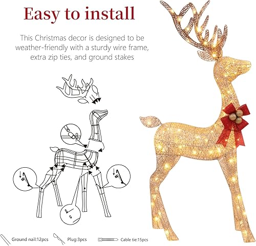 Miniatura 4 de Familia de ciervos navideños iluminados de 3 piezas, 4.5 pies, decoración 3D de renos preiluminados para exteriores con 210 luces LED, exhibición