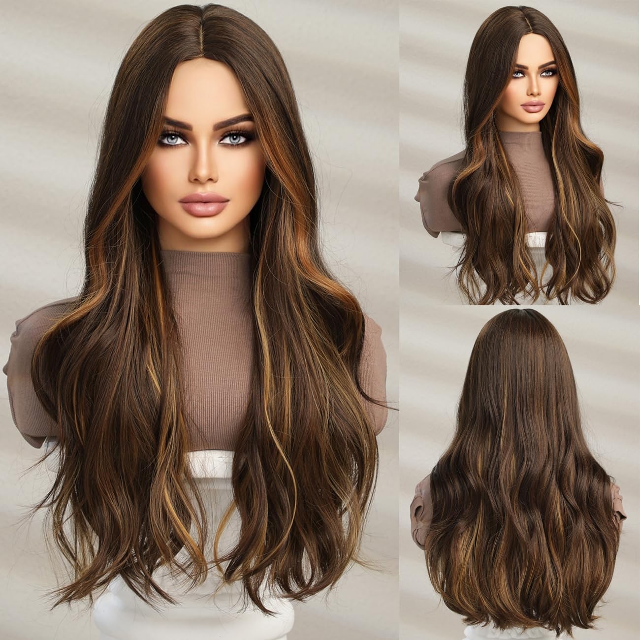 Long Mixed Brown Wavy Wigs for Women Natural Synthetic Curly Wig Heat Resistant Fiber Wigs for Daily Cosplay