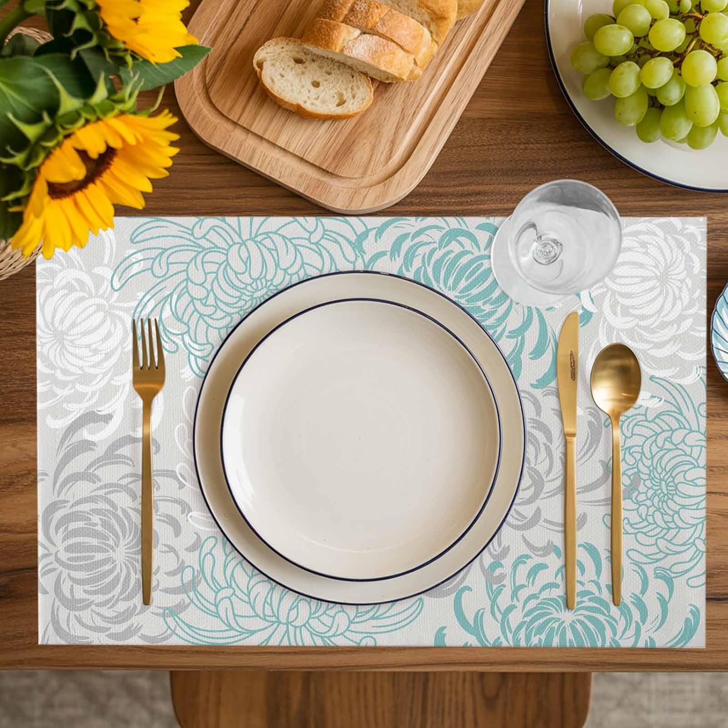 Placemats for Dining Table Set of 4, Aqua Chrysanthemum Flowers Cotton Linen Table Mat for Wedding/Banquet/Baby Shower/Party, Waterproof Cloth Place Mat 13''x19'', Floral Grey Background