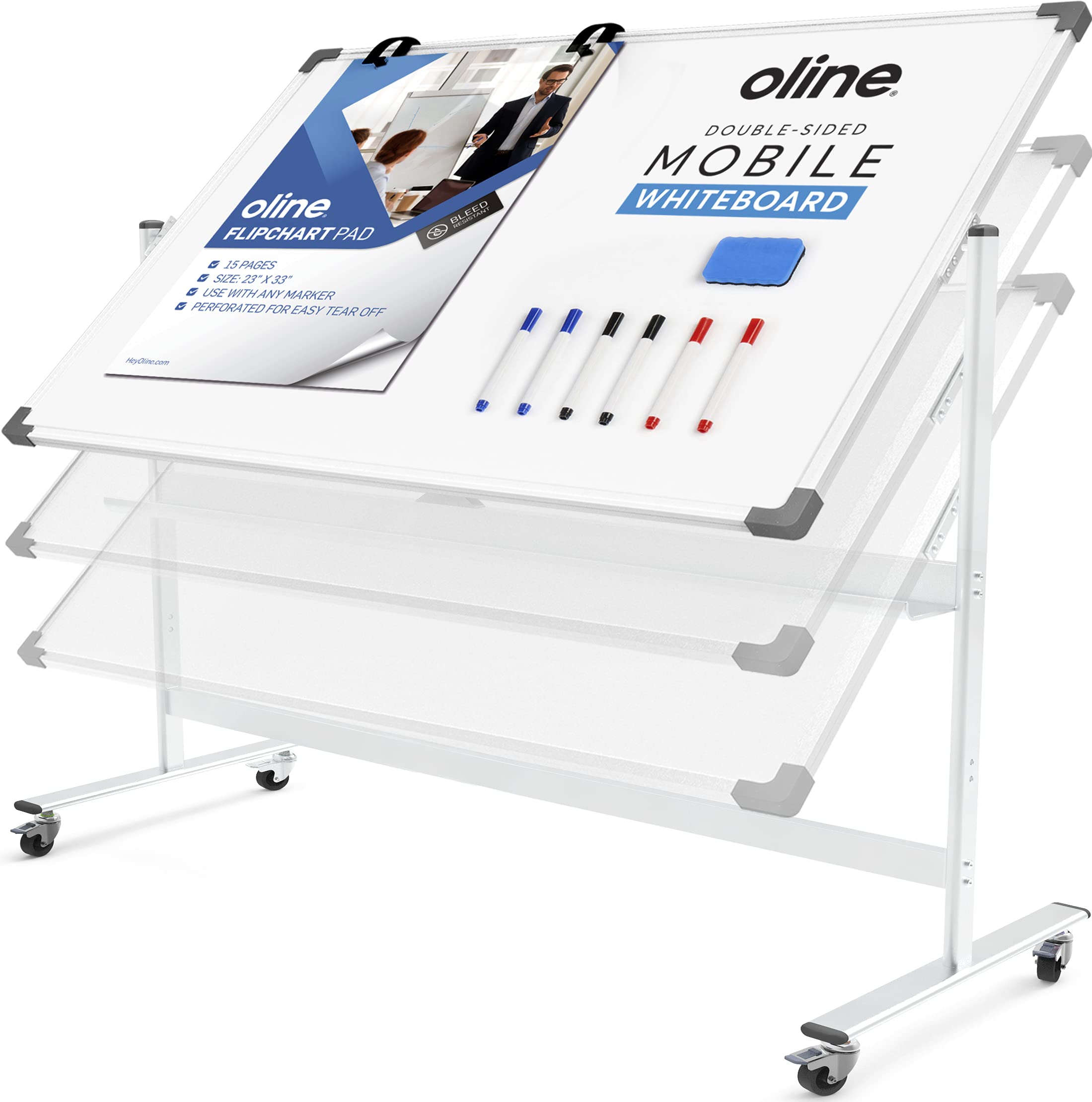 Buy Oline Mobile Whiteboard 48x36 Large Height Adjust 360° Rolling