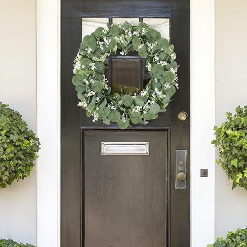 Miniatura 7 de KHOYIME Guirnalda de eucalipto con flores blancas, 2 paquetes de hojas de eucalipto artificiales plateadas de 5.9 pies, vegetación falsa,