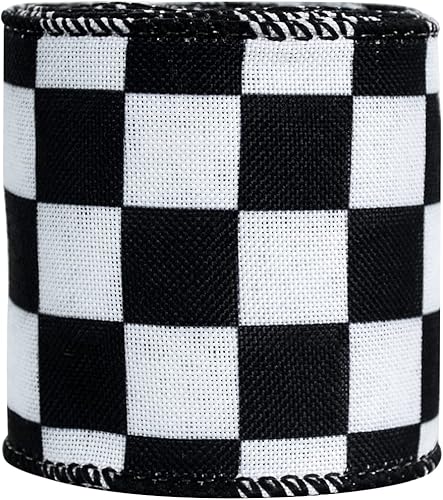 Miniatura 4 de TONIFUL Cinta de borde con alambre blanco y negro de 2.5 pulgadas, cinta de arpillera a cuadros de cuadros, cinta blanca con alambre para envolver