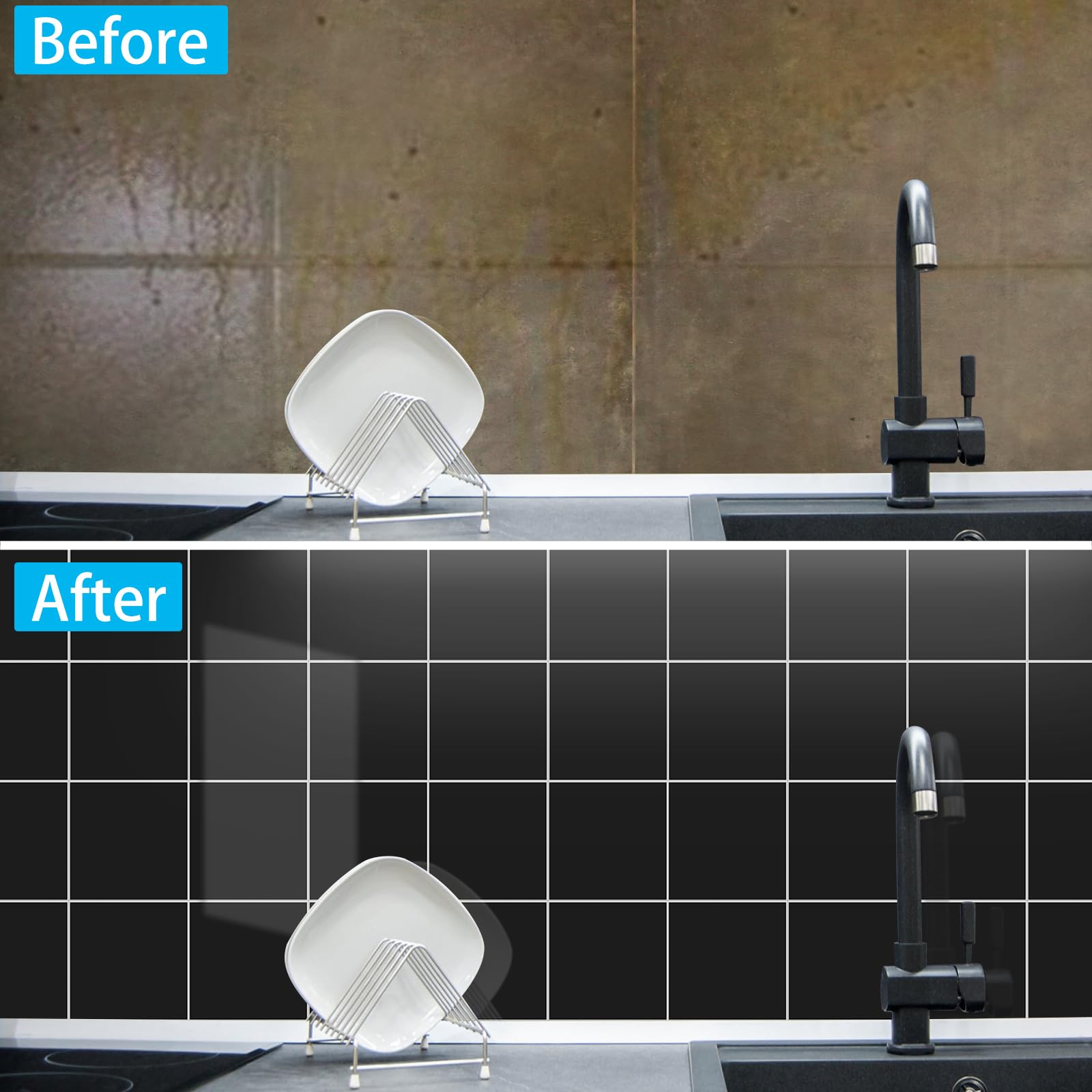 Odklej i przyklej płytki ścienne do kuchni, grubość odklej i przyklej marmurowy backsplash, kwadratowy design o wyglądzie marmuru, samoprzylepne naklejki na płytki 22 x 22 cm, czarne naklejki