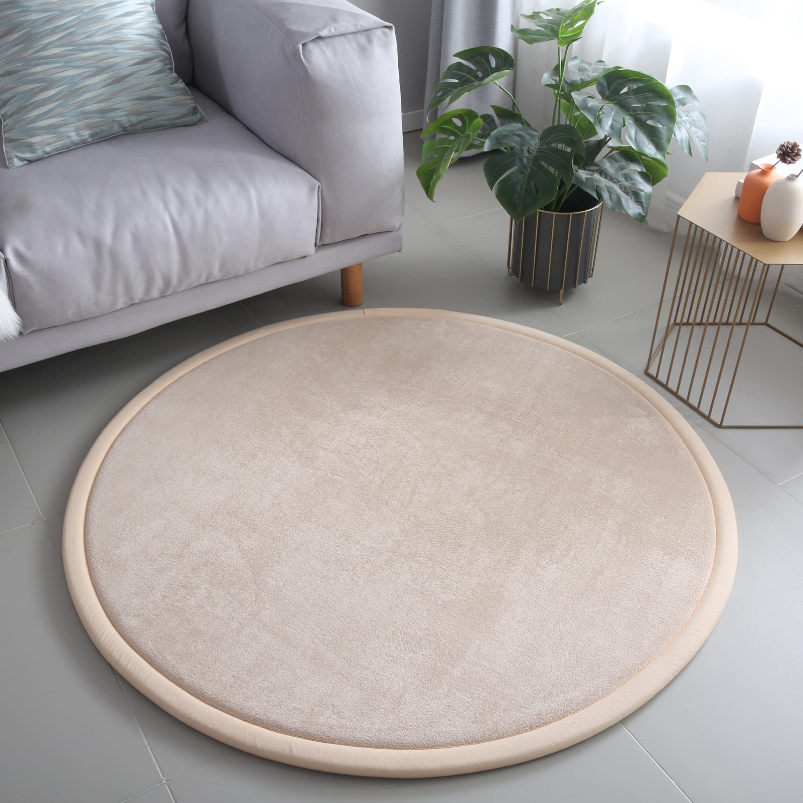 Loartee korallenrote Samtmatte Teppich Rund, als Krabbeldecke fürs Kind,2,5cm Dicker Kinderteppich,Beige,100cm