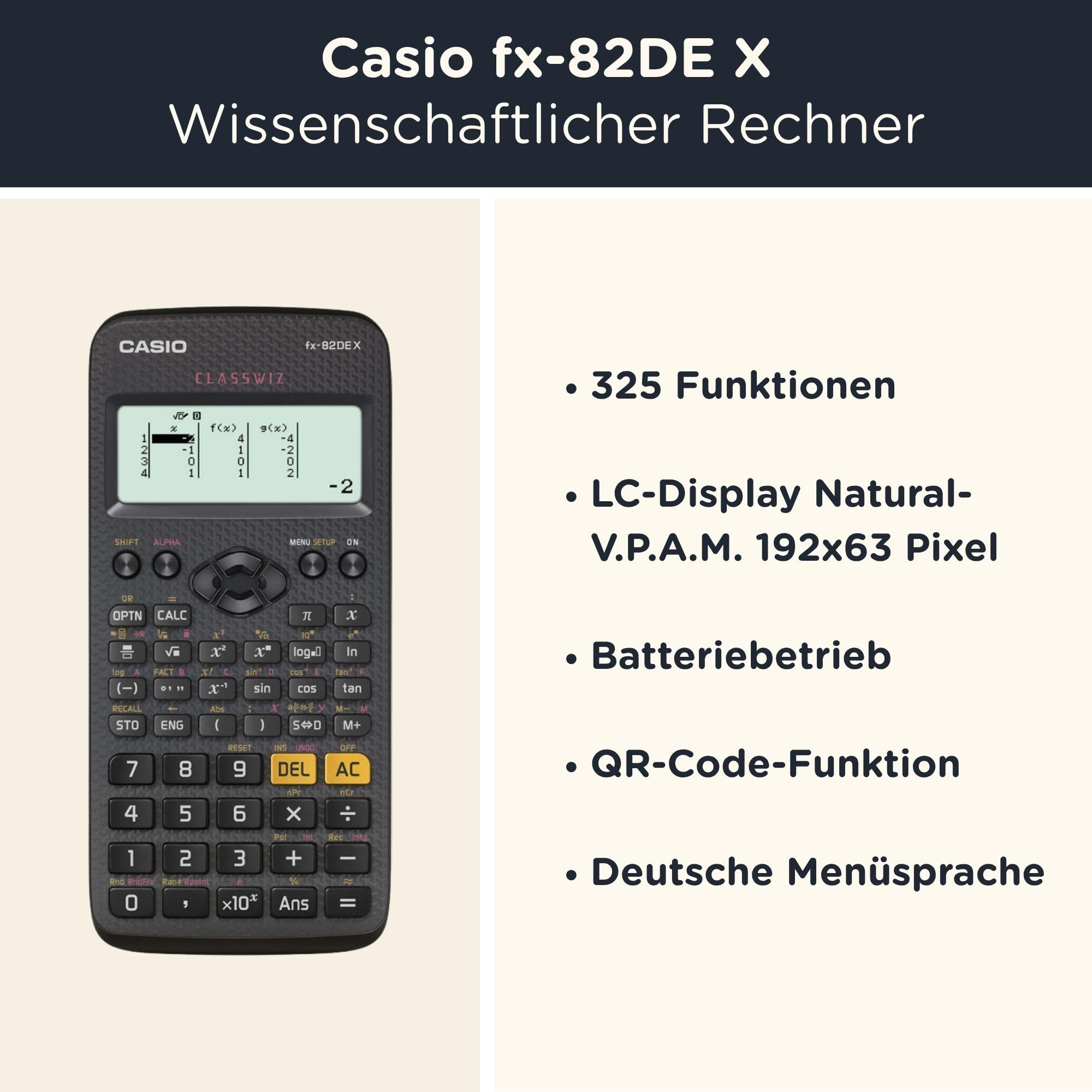 Casio fx-82DE X ClassWiz inkl. WYNGS Schutztasche Schwarz - Wissenschaftlicher Taschenrechner - Basic Set
