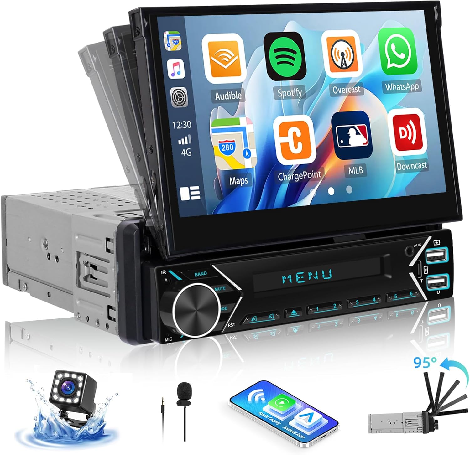 CAMECHO 1 DIN Radio with Wireless Carplay and Android Auto Display, with 7 Inch Motorized Touchscreen, Mirror Link FM USB Type-C AUX Microphone Link Mirror+Camera