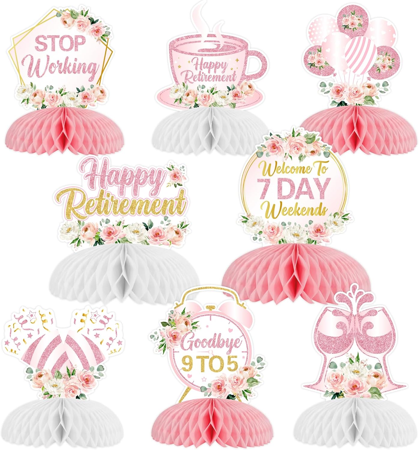 8 Pieces Floral Retirement Party Honeycomb Centerpieces - Flower Retirement Party Decorations, Stop Working Goodbye 9 to 5 Table Toppers for Welcome to 7 Day Weekends Farewell Going Away