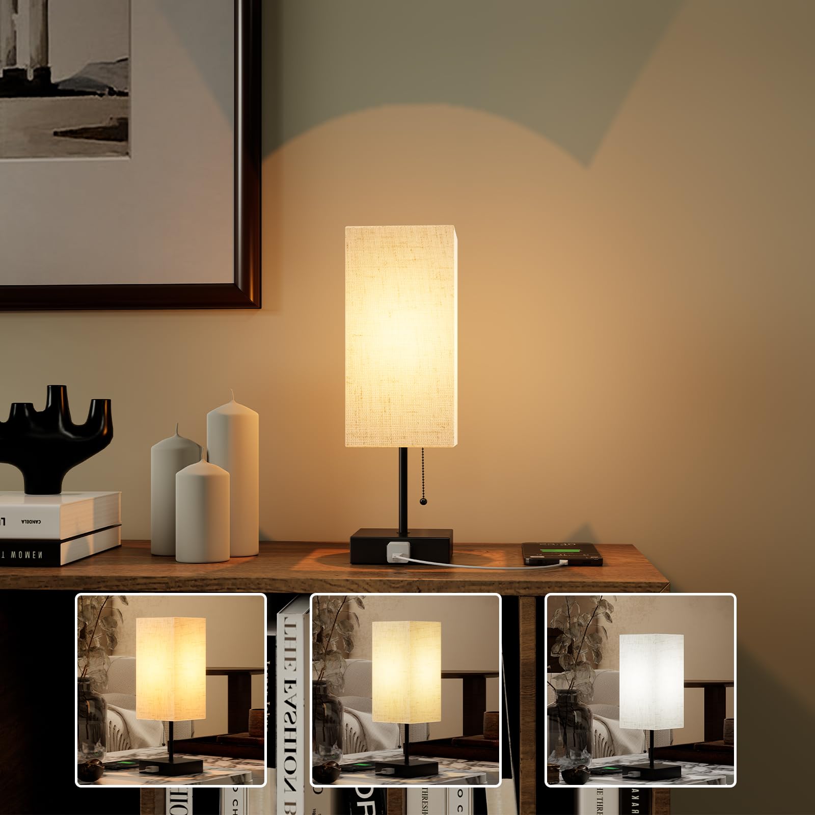 YIDPU Table Lamp for Bedroom,Nightstand Lamp for Bedside with AC ...