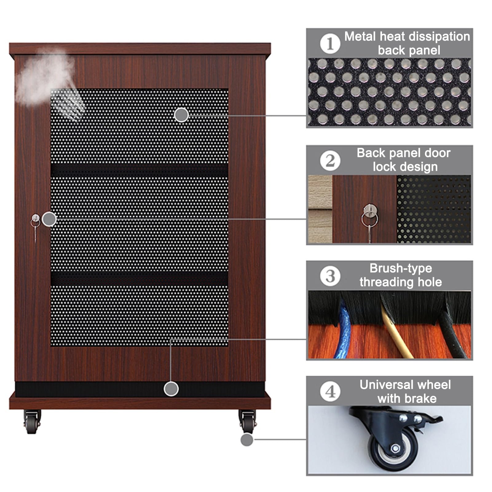 Supporto multimediale AV a 4 livelli, armadietto multimediale con ripiani in legno regolabili in altezza, rack audio mobile chiuso, ante in vetro temperato, gestione cavi (legno di pero, 16U)