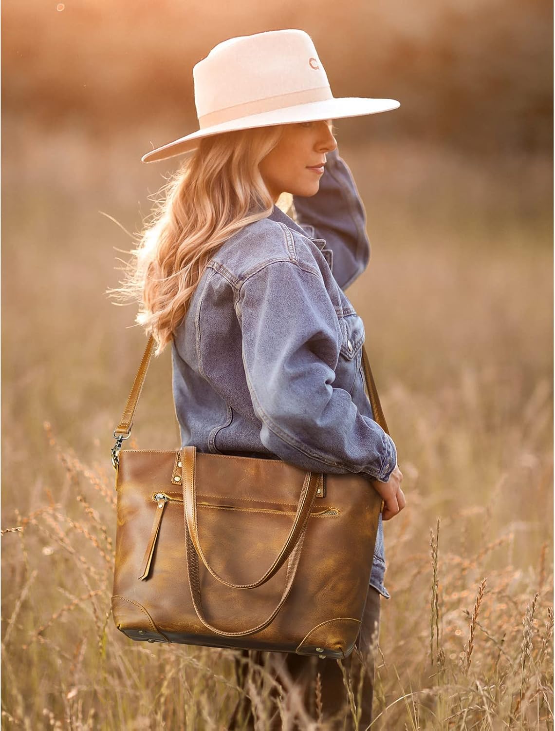 S-ZONE Genuine Leather Tote Bag for Women Work Shoulder Crossbody Purses Handbag with Outside Pockets - Image 3