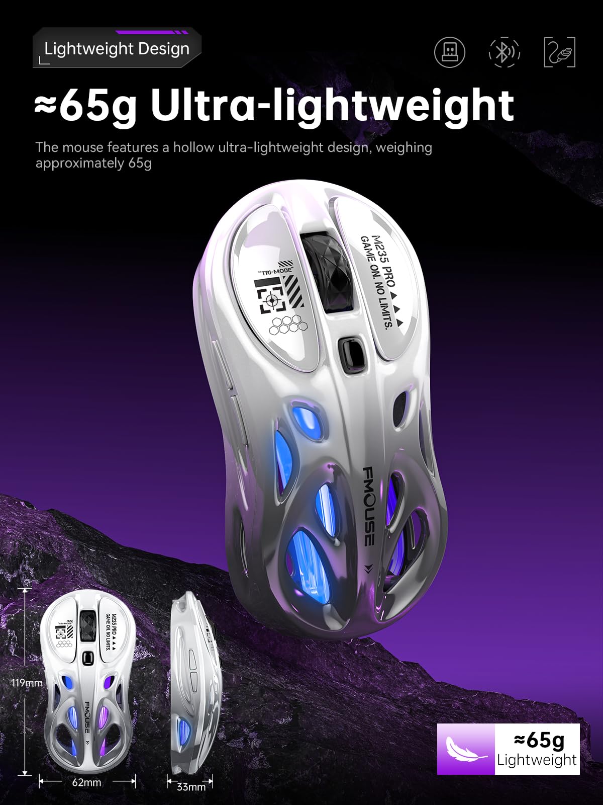 FMOUSE Mouse wireless Tri-Mode (2.4G/Bluetooth/Wired), design cavo, RGB, 4800 DPI, ricaricabile di tipo C per Mac/Laptop/iPad (gioco/ufficio), sfumato bianco e grigio