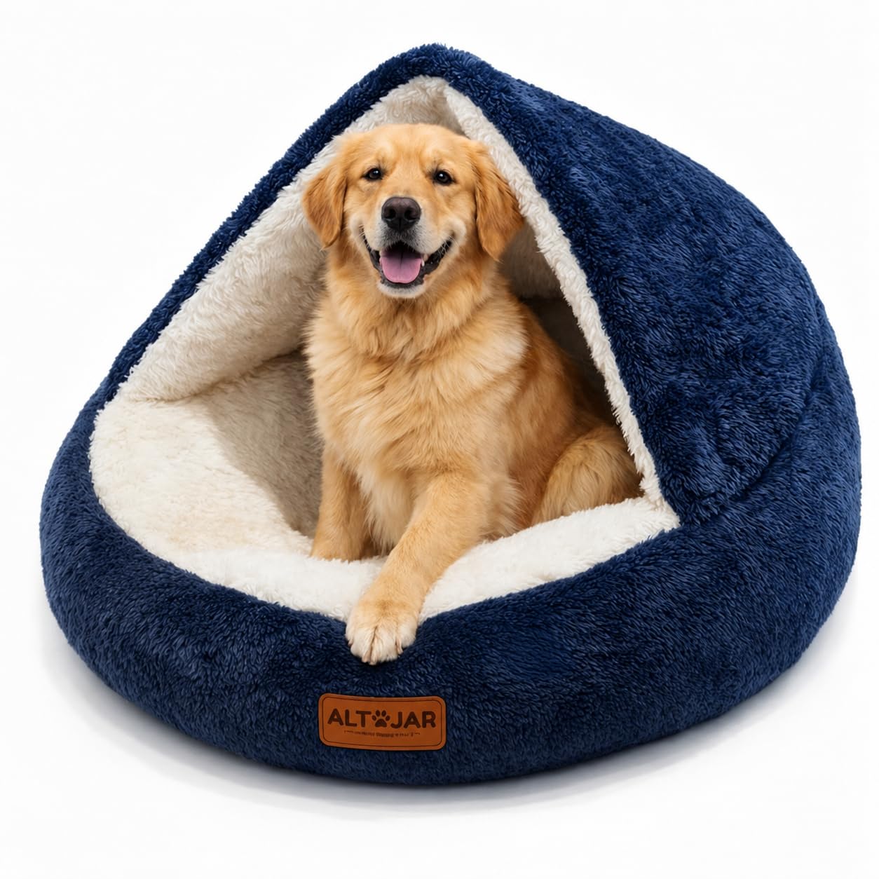 AL TAJAR Luxury Hooded Dog Cave Bed 80cm with Support Rod – Soft Fluffy Calming Anti-Anxiety Donut Cuddler, Cozy Pet Nest, Washable Dog & Cat Bed with Non-Slip Base, Large Dog Bed Up to 20kg