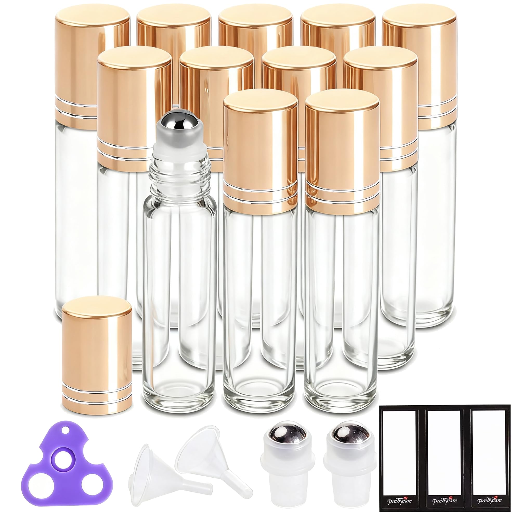 PrettyCare 12 Pack, 10 ml Essential Oil Roller Bottles with Stainless Steel Roller Ball - Refillable Leak-proof Empty Thick Clear Glass Roll on Bottles with Metal Caps for Travel, Perfume