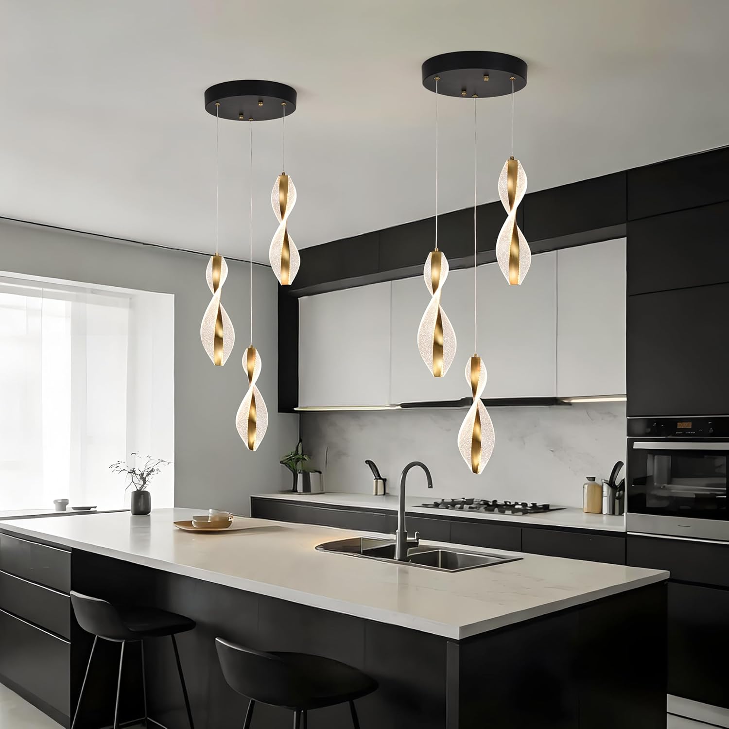 3 Light Modern LED Pendant Lights Kitchen Island, Dimmable Chandelier, Remote and App Control, 3000K-6000K Gold Acrylic Lighting for Dining Room Living Room