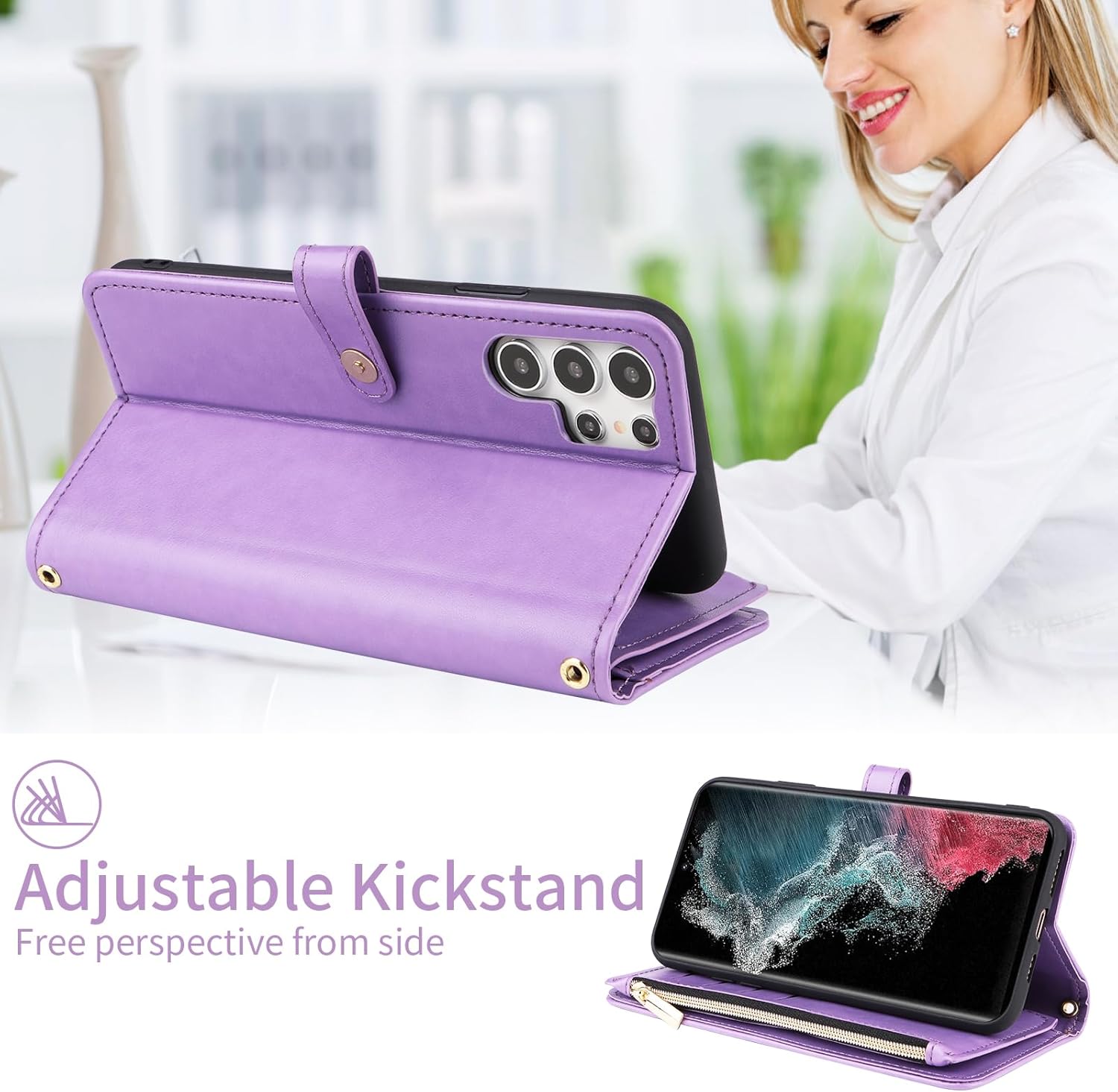 for Samsung Galaxy S24 Ultra 5G Floral Wallet Case with Wrist Strap Shoulder Strap Zipper Purse, Folio Flip Credit Card Holder Stand Phone Cover for S24Ultra 24S S 24 24Ultra Women Men Purple