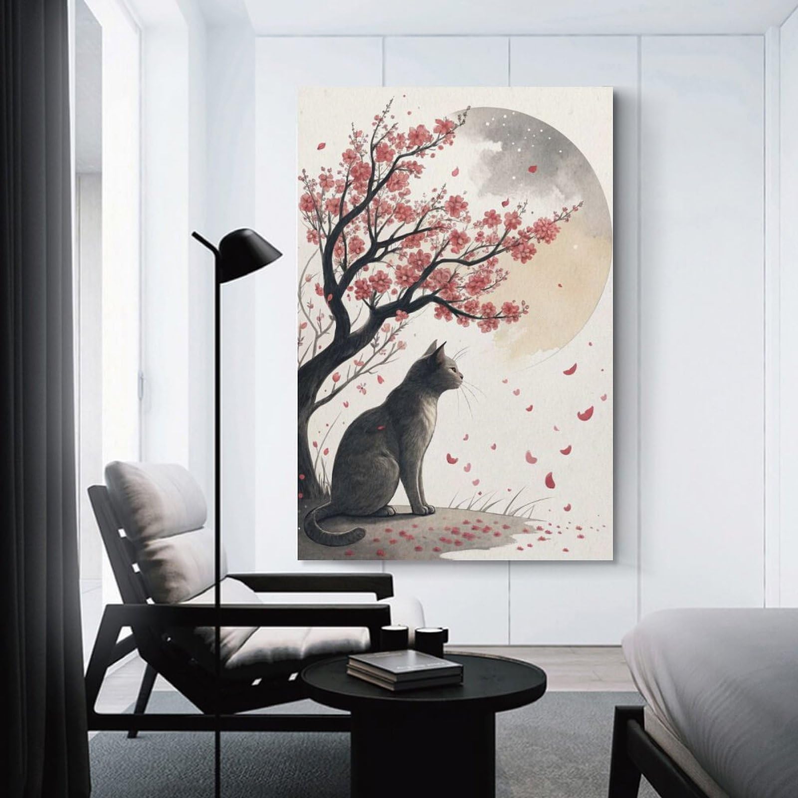 Junmoney Cat Under Cherry Blossoms Hanging Wall Art, 24x36inch(60x90cm), for Living Room, Bedroom, Office Or Hallway, Decorative Artwork with Broad Appeal