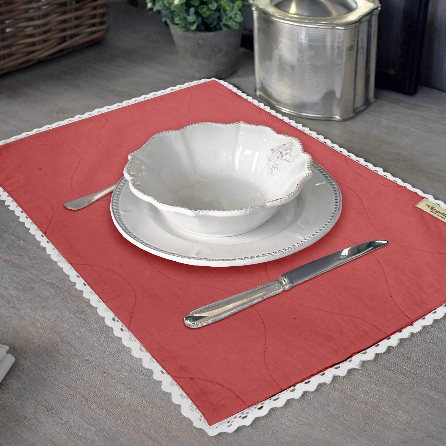 Dark Peach Solid Home Decor Everyday Washable Lace Placemats with Napkins Dining Table Decor-Pack of 6