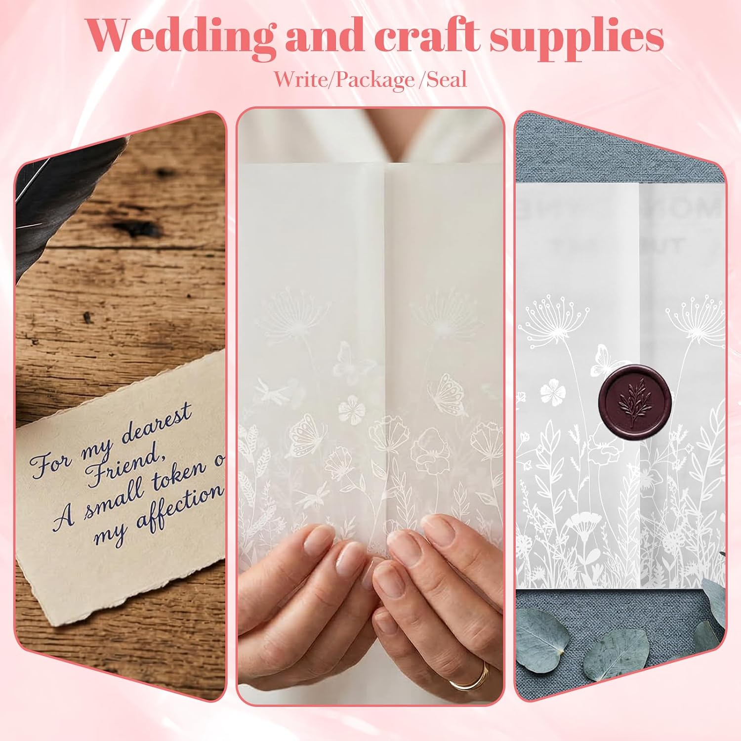 KongTiva 100 Pack Vellum Jackets for 5x7 Invitations, Pre-Folded Vellum Paper Translucent Wedding Invitation Accessories Kit Envelope Inserts Liners for Bridal Shower Birthday Mother (Wildflower)