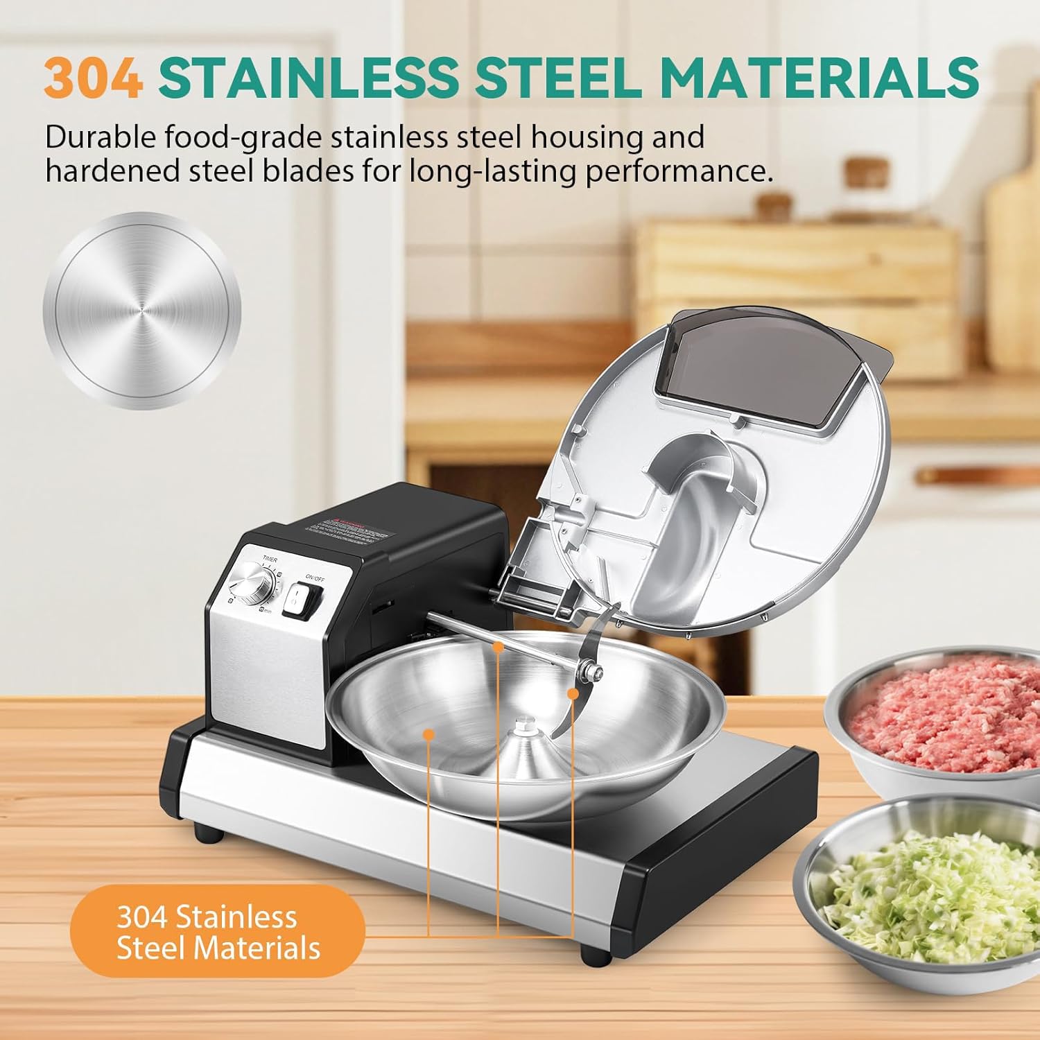 Professional 5QT Food Processor with Timer - 250W Meat Mincer & Vegetable Chopper, Stainless Steel Bowl for High-Volume Cooking & Food Prep