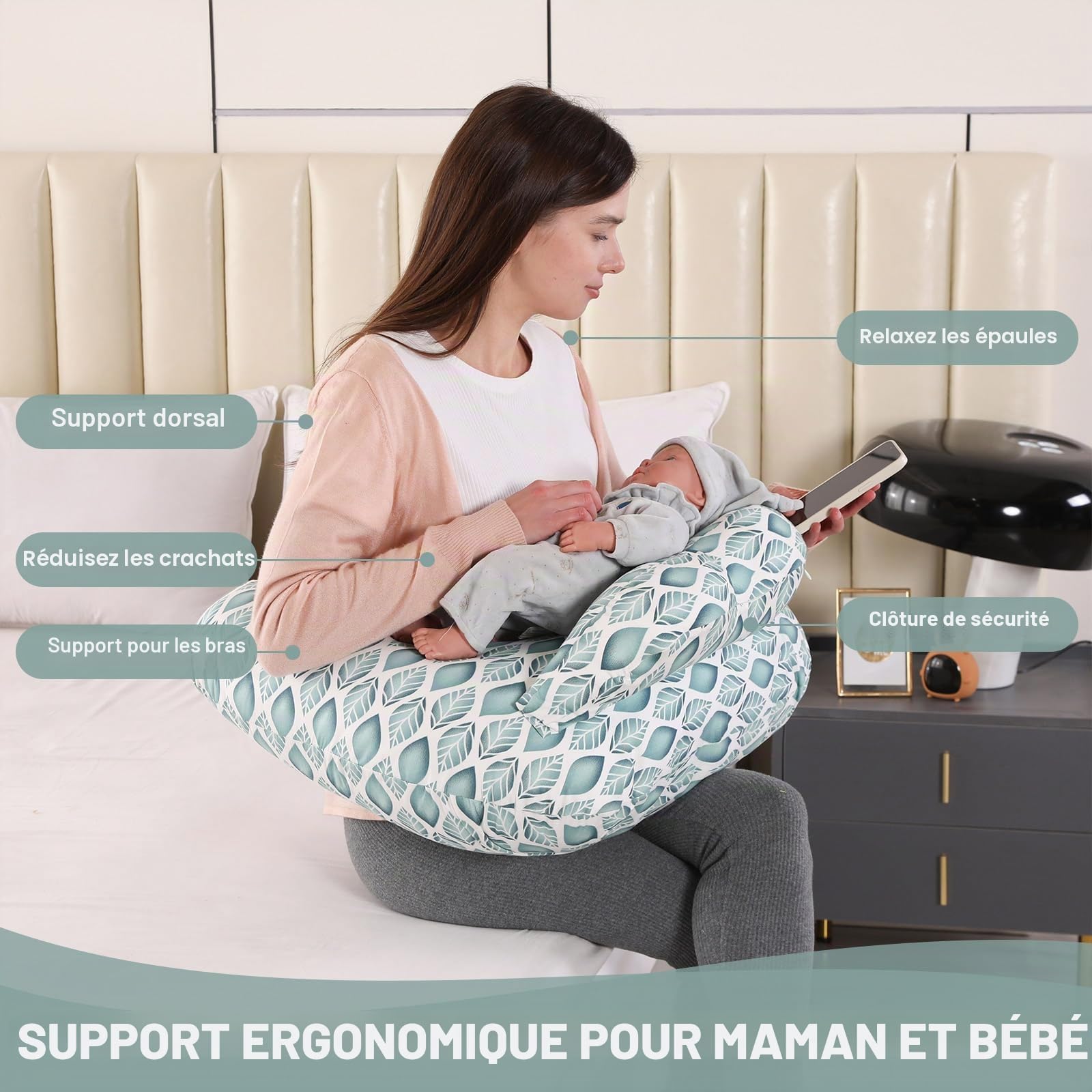 Coussin d'Allaitement pour Bébé : Oreiller de Maternité Ultra Doux, Coussin d'Allaitement pour Bébé avec Barrière de Sécurité, Coussin de Nourrissage Confortable Cadeau de Grossesse (Feuilles Vertes)