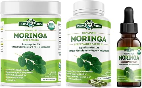 PURA VIDA MORINGA Cápsulas en polvo de 8 onzas (120 unidades) y gotas de extracto de hoja de moringa (2 fl oz)
