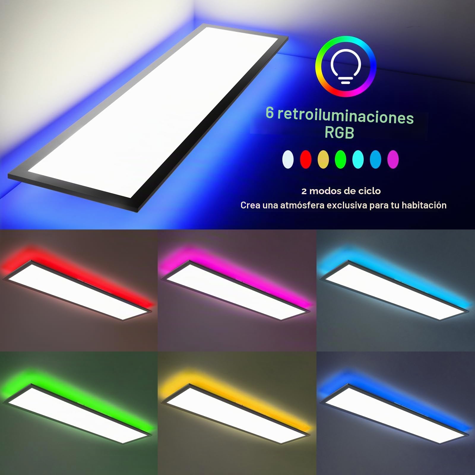 Lámpara de Techo LED Panel Dimmable 120x30cm con Control Remoto, 40W, Panel de Techo con Iluminación Indirecta RGB, Función de Memoria, 3000K-6500K, Luz de Día, para Cocina, Sala de Estar, Oficina