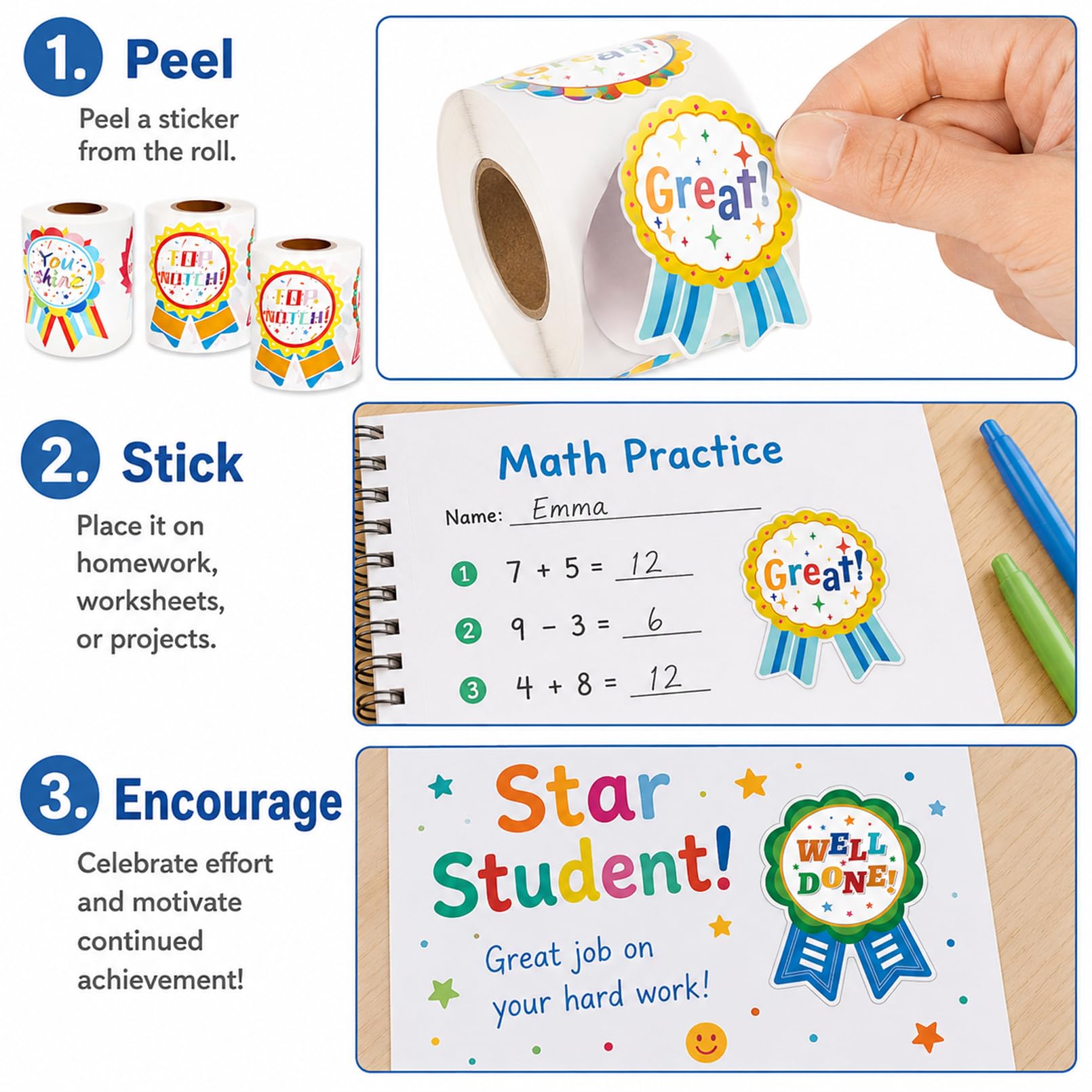 Belohnungsaufkleber, Abzeichen-Designs, Kompliment-Aufkleber, Klassenzimmer, Anreize für Kindergarten, Lehrer, gute Arbeit für Kinder, 4 Rollen