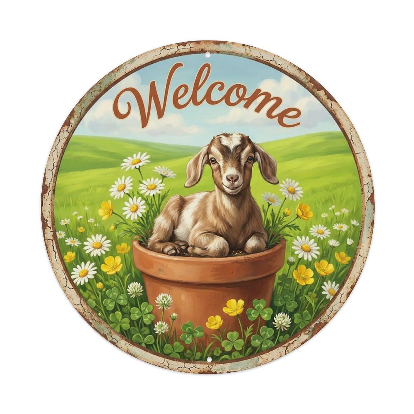 Vintage Welcome Goat Meadow Daisies Vintage Metal Tin Sign Plaque Wall Decor for Cafe, Club Bar, Office, Garden Metal Poster 8x8Inch