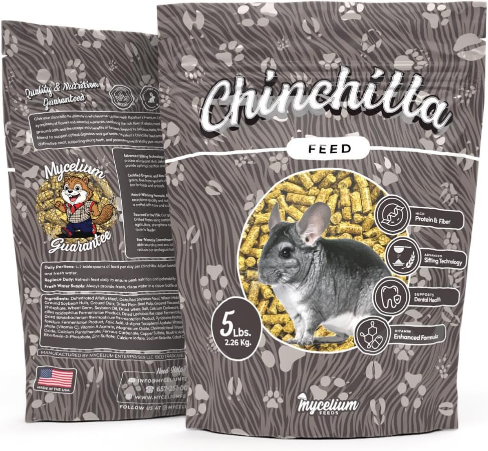 Mycelium Chinchilla Feed Pellets 5 lb | Organic, High Protein & Fiber Chinchilla Food with Vitamins & Probiotics | Supports Digestion, Dental Health, Coat & Skin | Non-GMO, USA Made