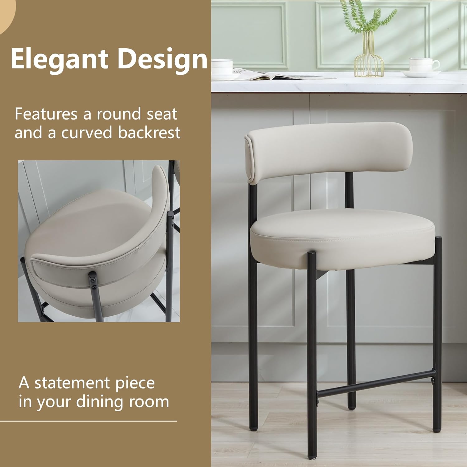 Counter Height Bar Stools Set of 3, 24'' Faux Leather Bar Stools with Back, Mid-Century Modern Bar Chairs for Kitchen Island, Dining Room, Vegan Leather, Beige Grey
