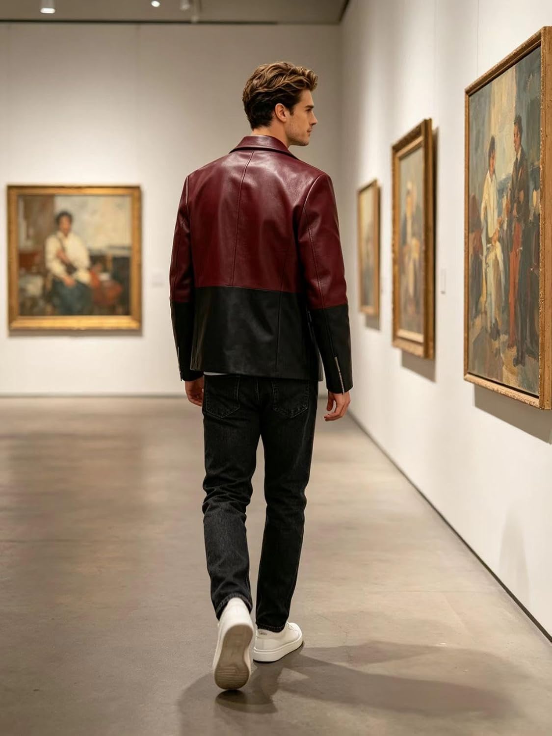 Men‘s Blazer Double Breasted Leather Suit Jacket with Peak Lapel Horizontal PU Color Block Sport Coat