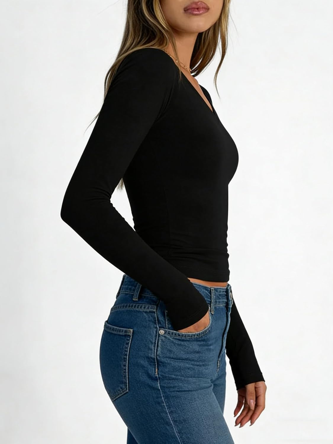 Long Sleeve Shirts for Women Trendy Basic V Neck Crop Tops 2026 Spring Casual Going Out Top - Image 2